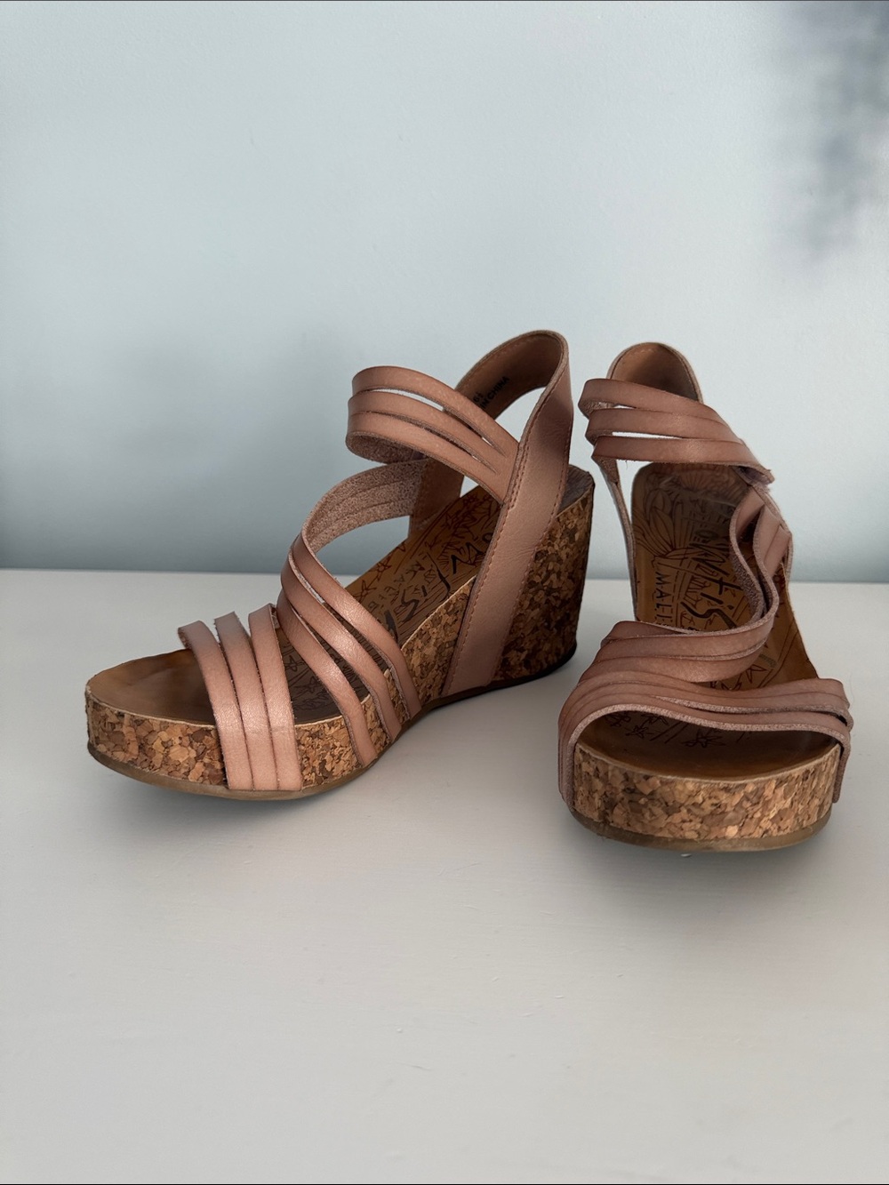 Cork Wedge Strappy Sandals in Rose Tan